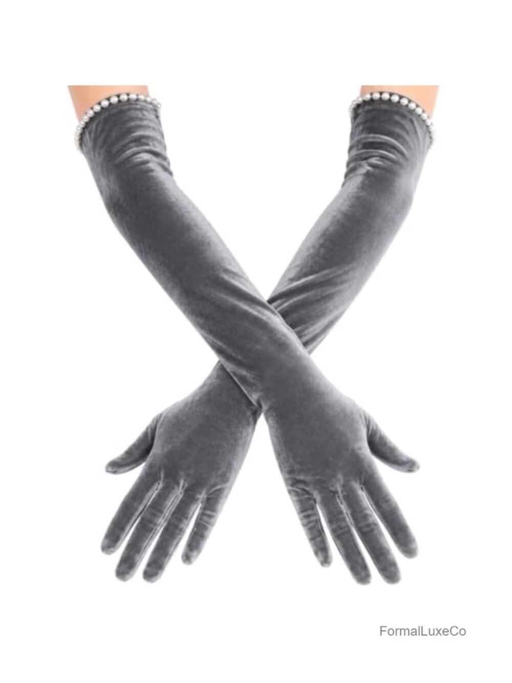Velvet Opera Gloves Elbow Length Pearl Trim Formal Costume